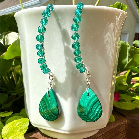 Malachite Earrings, Emerald Crystal, Sterling Silver, Handmade by Prairie Ice - Picture 7 of 10